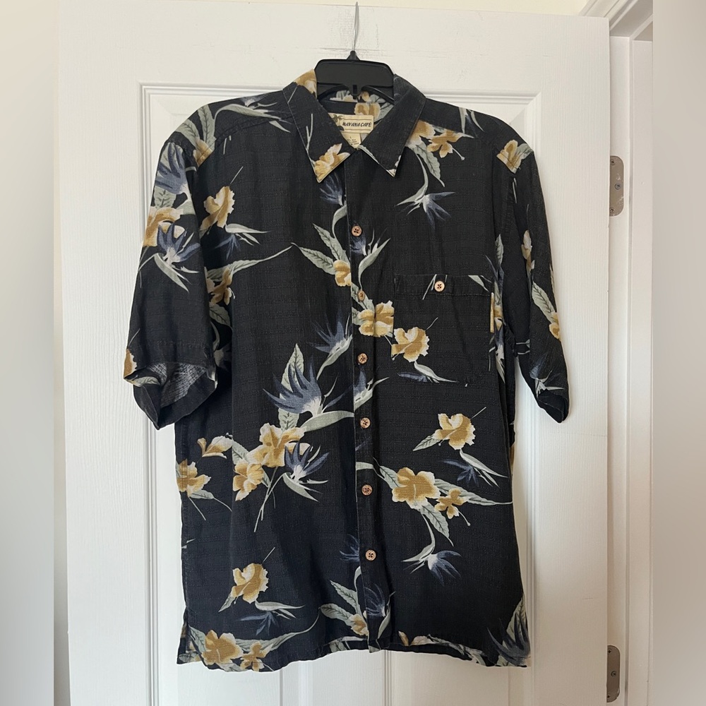 Havana Cafe Silk Linen Blend Flowy Aloha Shirt Dark Navy Floral Size Large